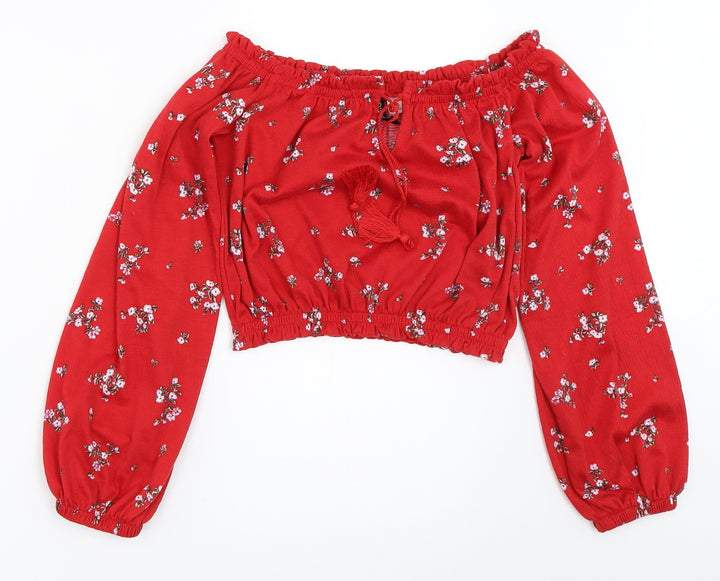 H&M Womens Red Floral  Cropped Blouse Size XS