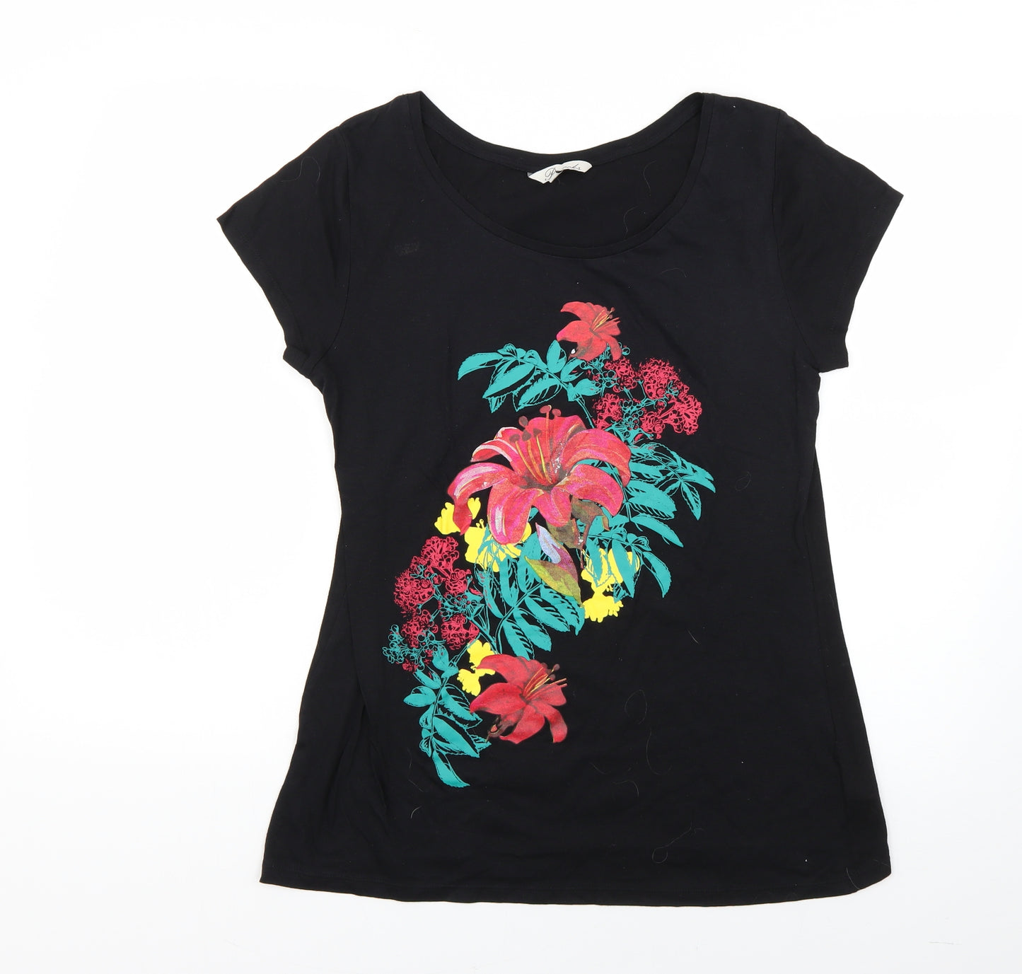 Peacocks Womens Black Geometric  Basic T-Shirt Size 14