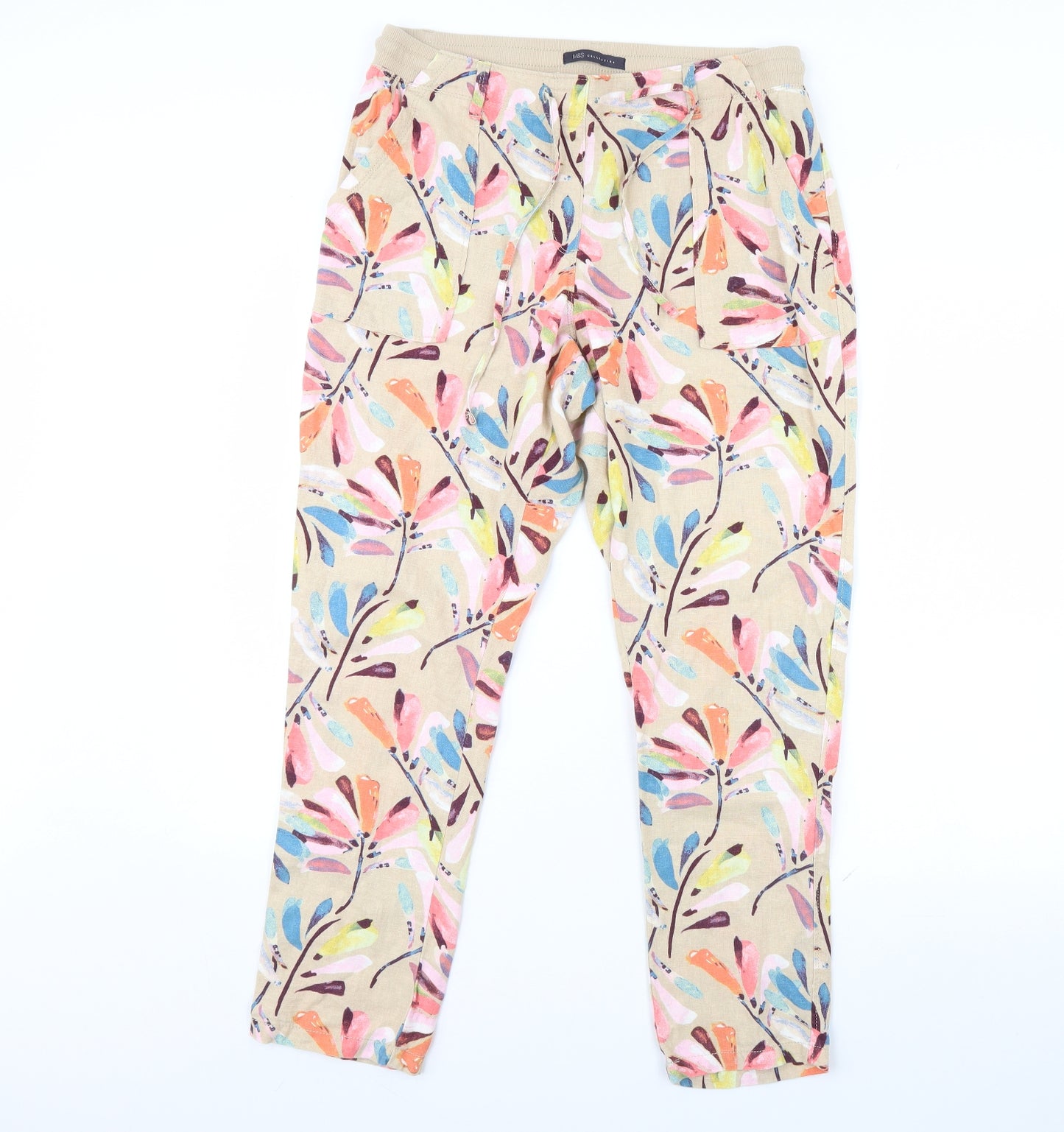 m&S Womens Beige Floral  Trousers  Size 12 L30 in