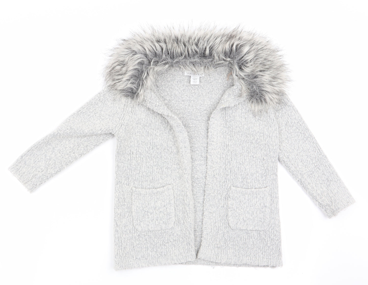 Primark Girls Grey   Cardigan Jumper Size 4-5 Years  - Faux Fur Trim