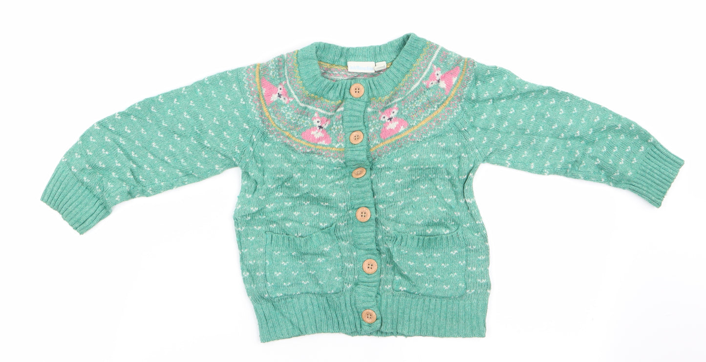 JoJo Maman Bébé Girls Green Animal Print  Cardigan Jumper Size 3-4 Years