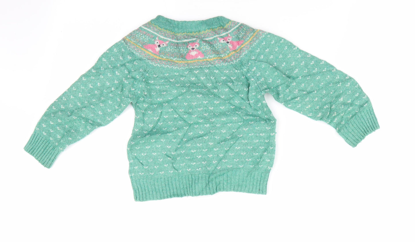 JoJo Maman Bébé Girls Green Animal Print  Cardigan Jumper Size 3-4 Years