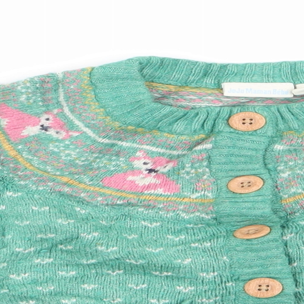 JoJo Maman Bébé Girls Green Animal Print  Cardigan Jumper Size 3-4 Years