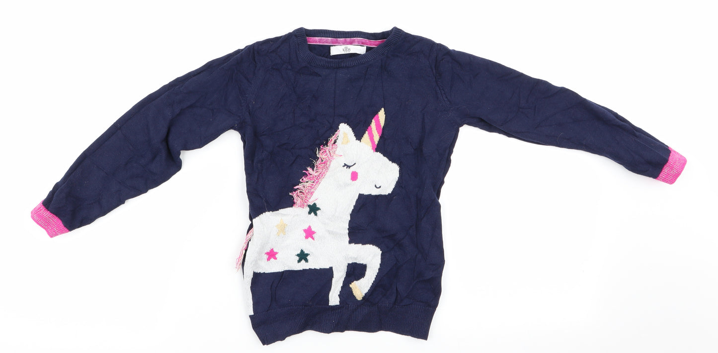 Marks and Spencer Girls Blue Animal Print  Pullover Jumper Size 5-6 Years  - Unicorn