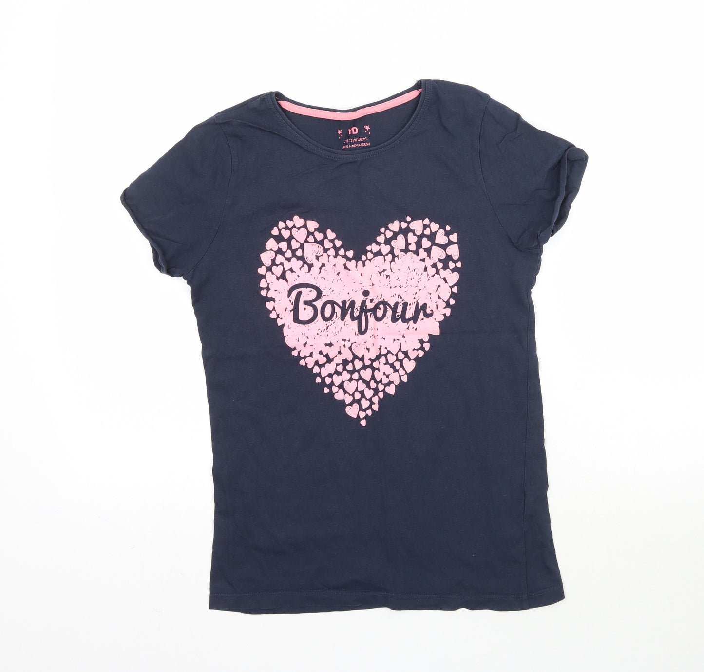 YD Girls Blue   Basic T-Shirt Size 12-13 Years  - Bonjour Love Heart