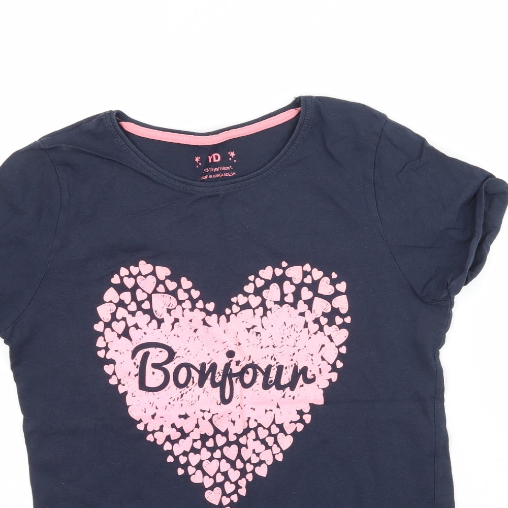 YD Girls Blue   Basic T-Shirt Size 12-13 Years  - Bonjour Love Heart