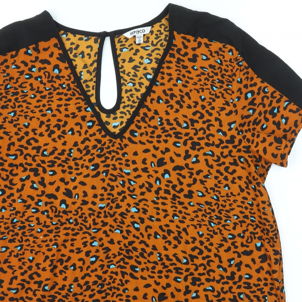 PEP & CO Womens Orange Animal Print  Basic Blouse Size 14