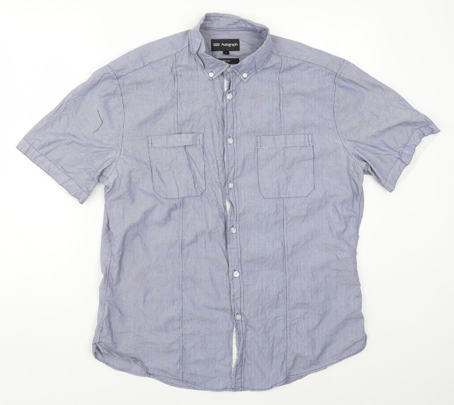 Marks and Spencer Mens Blue Striped   Button-Up Size L