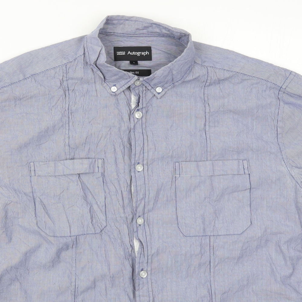 Marks and Spencer Mens Blue Striped   Button-Up Size L