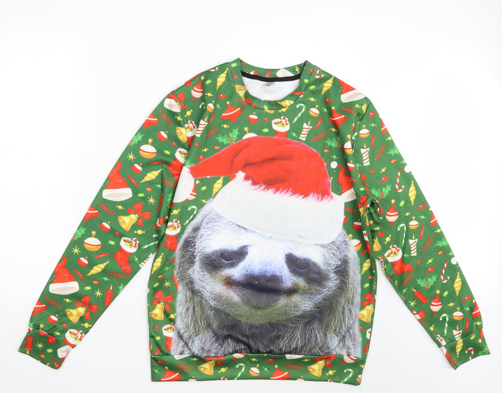 Pre-shrunk Mens Green Floral Pullover Sweatshirt Size M - Seasonal Christmas Festive Holiday