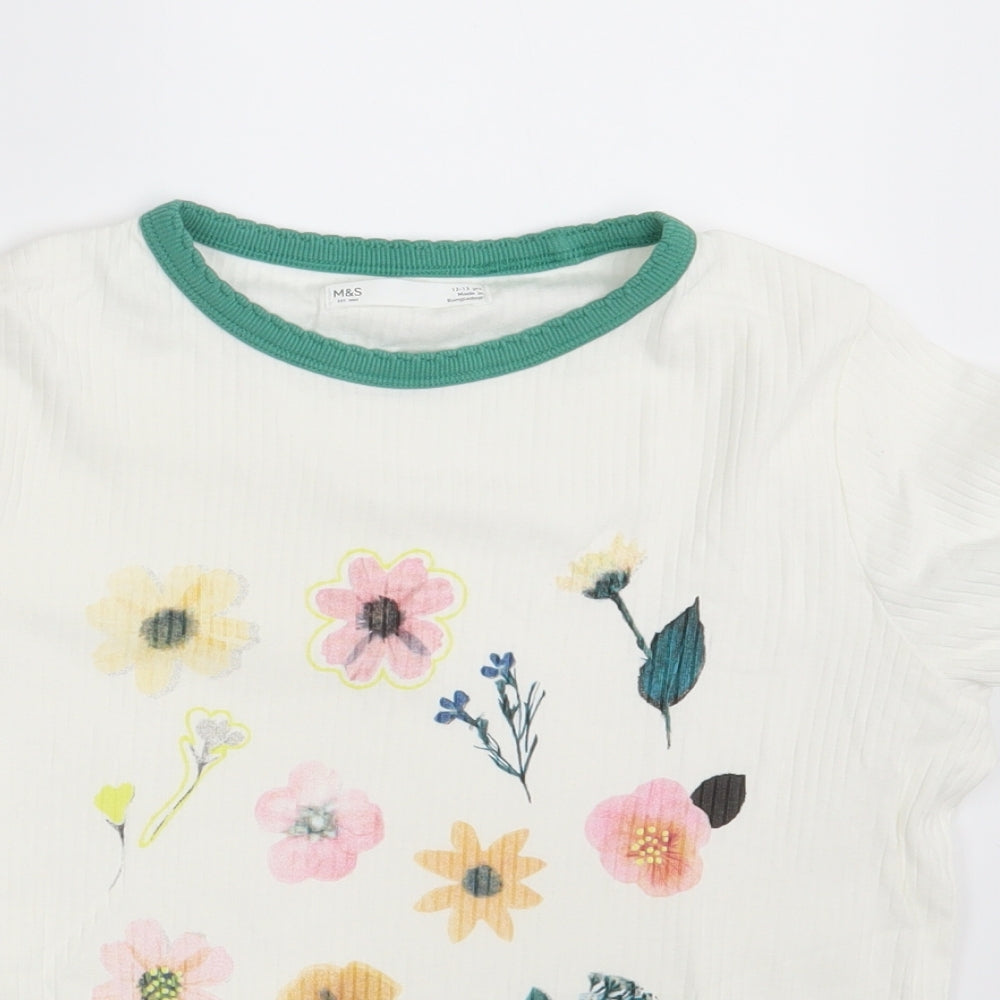 M&S Girls Ivory Floral  Basic T-Shirt Size 12-13 Years