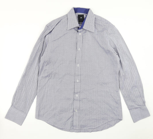 Front view of WE men’s blue herringbone button-up, size S