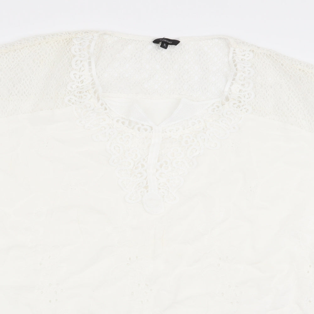 flotyday Womens White Floral  Basic Blouse Size XL