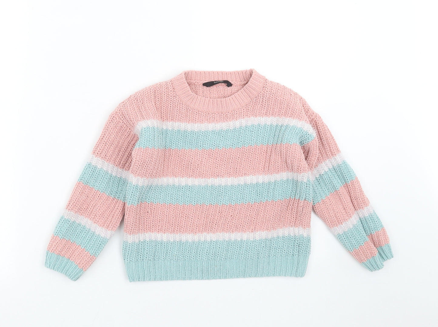 George Girls Green Striped Knit Pullover Jumper Size 7-8 Years
