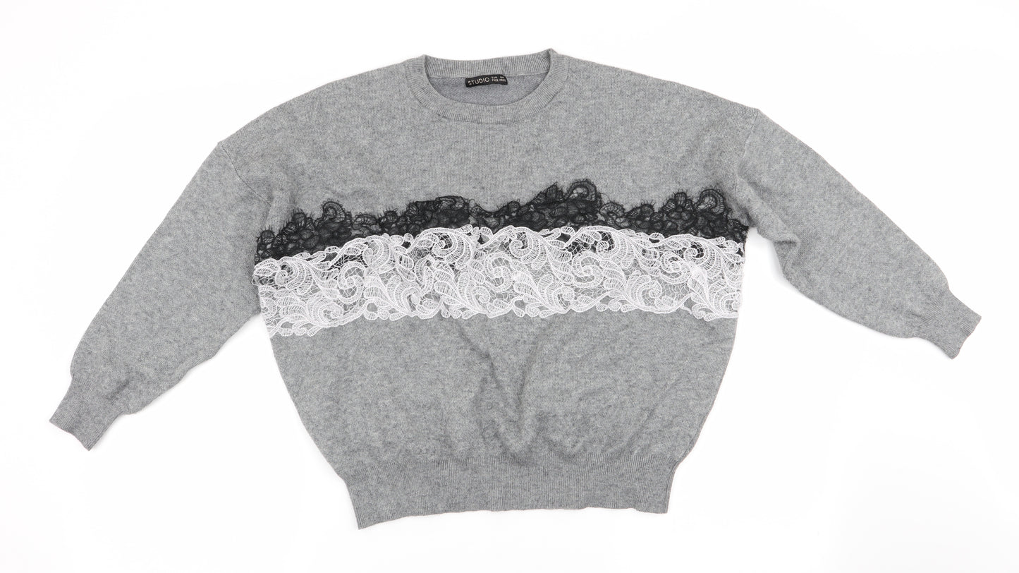 Studio Womens Grey   Pullover Jumper   - Lace Detail