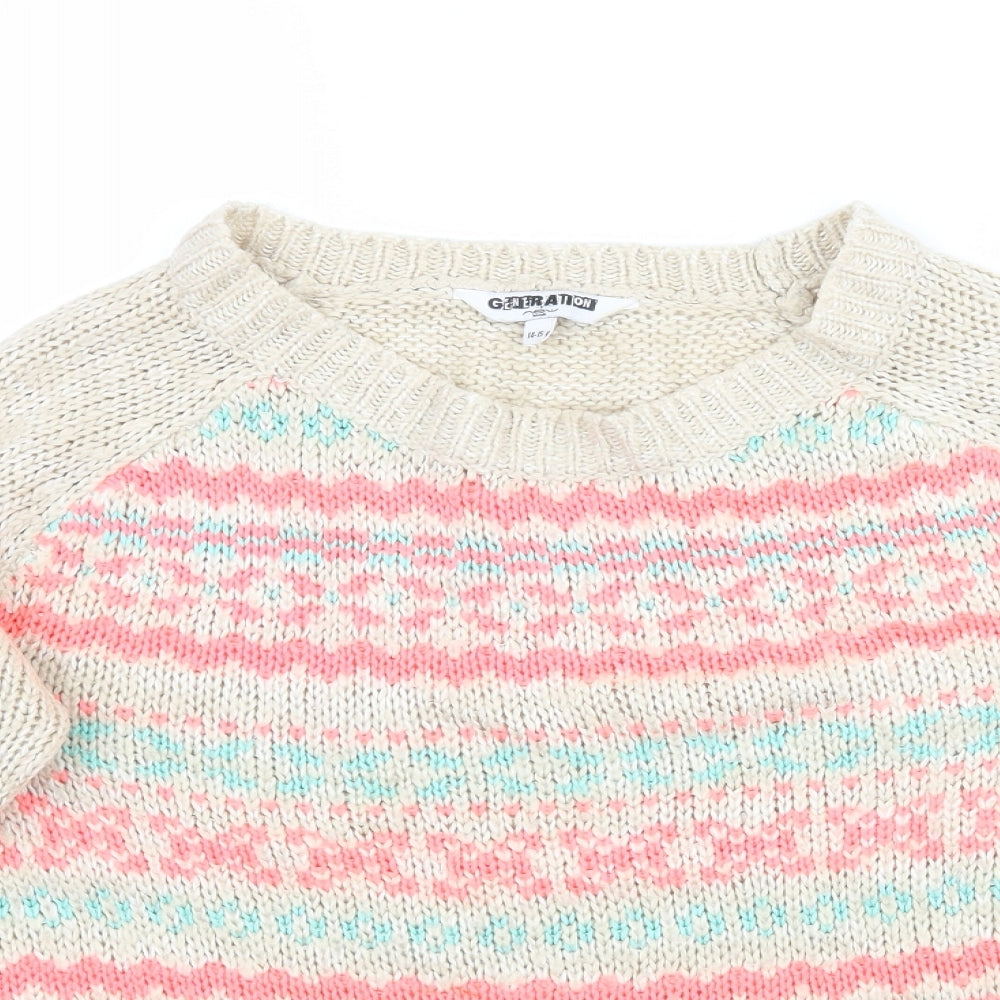 New Look Girls Beige Floral Knit Pullover Jumper Size 14-15 Years