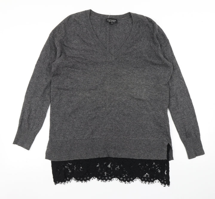 Topshop Womens Grey Knit Pullover Jumper Size 8 - lace hem