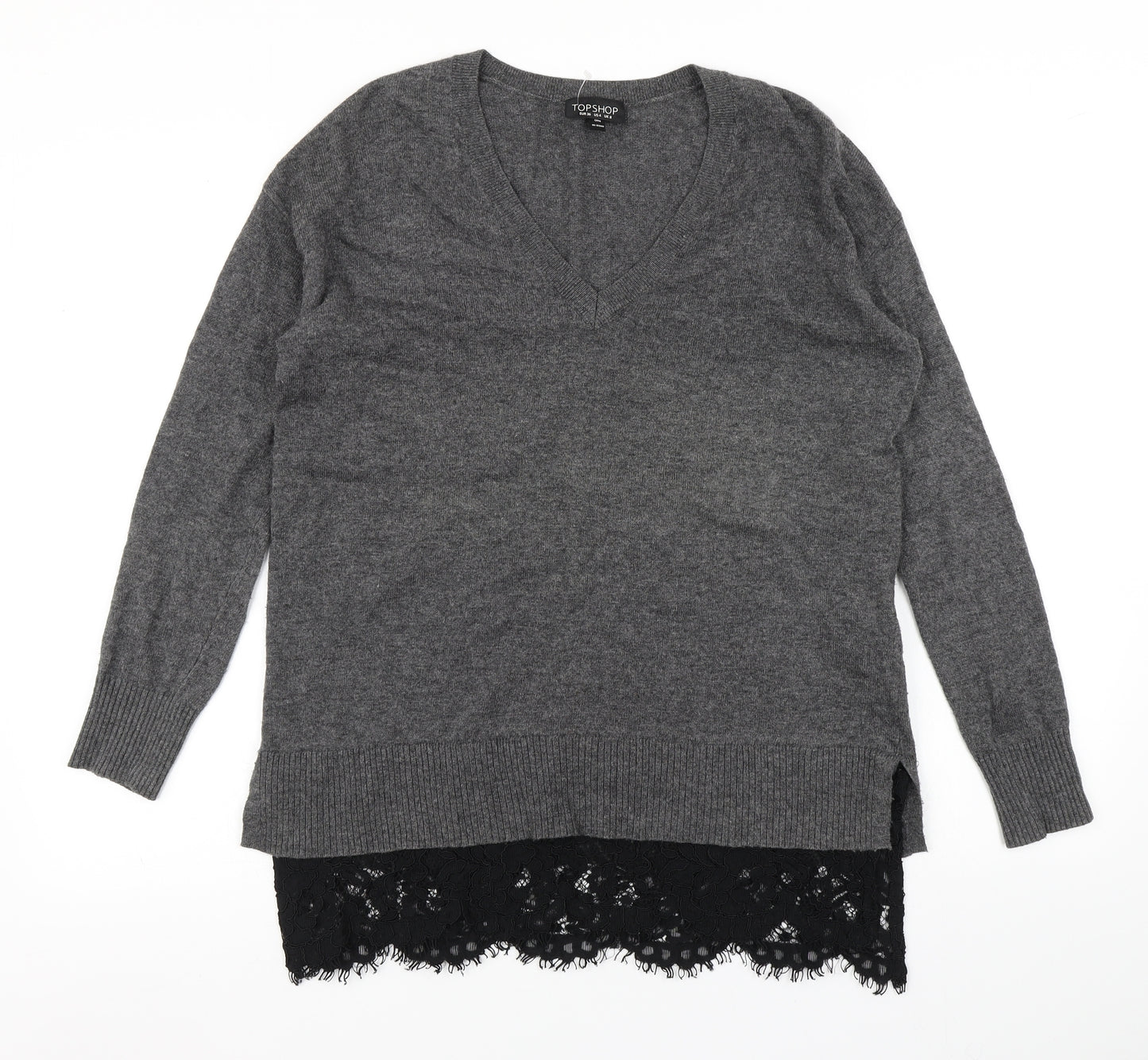 Topshop Womens Grey  Knit Pullover Jumper Size 8  - lace hem