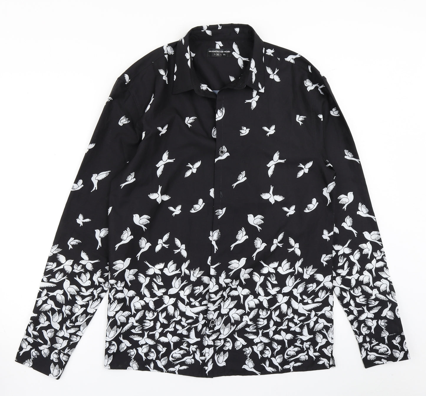 Maniere De Voir Womens Black Polka Dot Rayon Basic Button-Up Size M  - Bird print