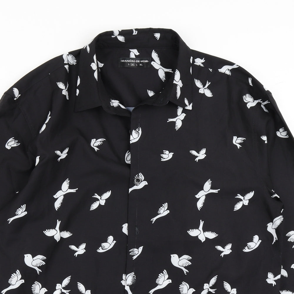 Maniere De Voir Womens Black Polka Dot Rayon Basic Button-Up Size M  - Bird print