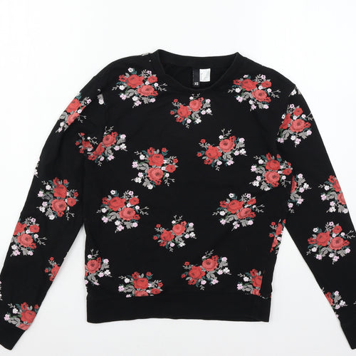 Divided by H&M Womens Black Floral Jersey Pullover Sweatshirt Size XS