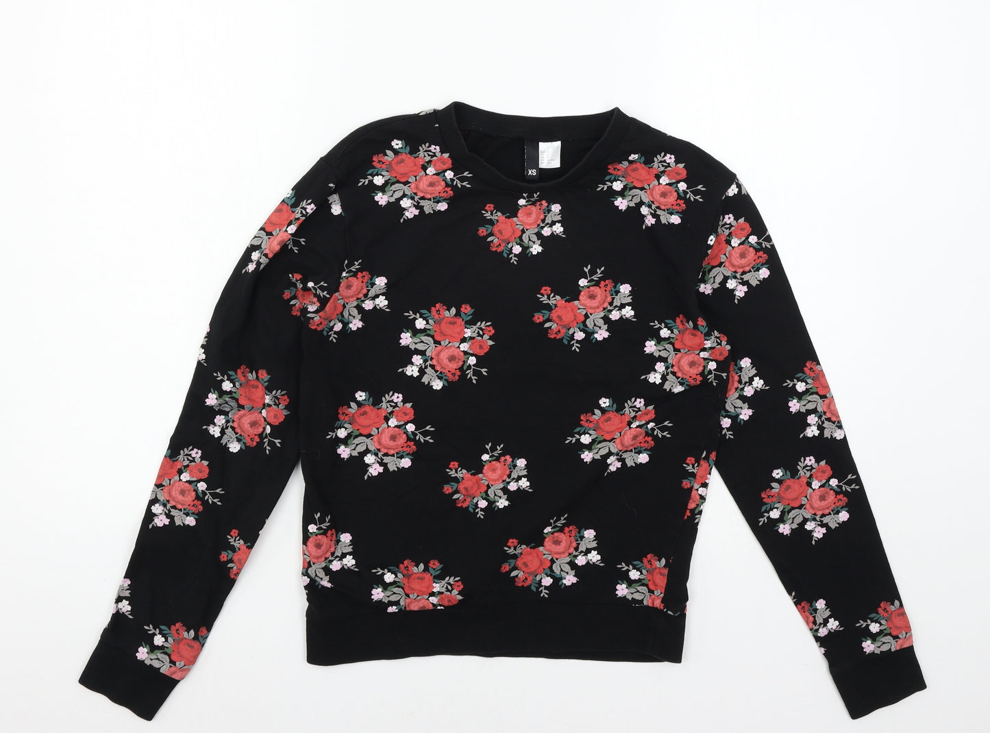 Divided by H&M Womens Black Floral Jersey Pullover Sweatshirt Size XS
