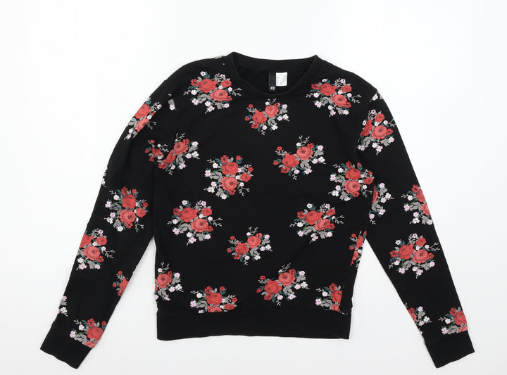 Divided by H&M Womens Black Floral Jersey Pullover Sweatshirt Size XS