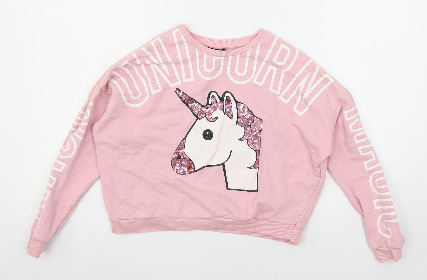 Preworn Girls Pink  Jersey Pullover Sweatshirt Size 10-11 Years  - Unicorn