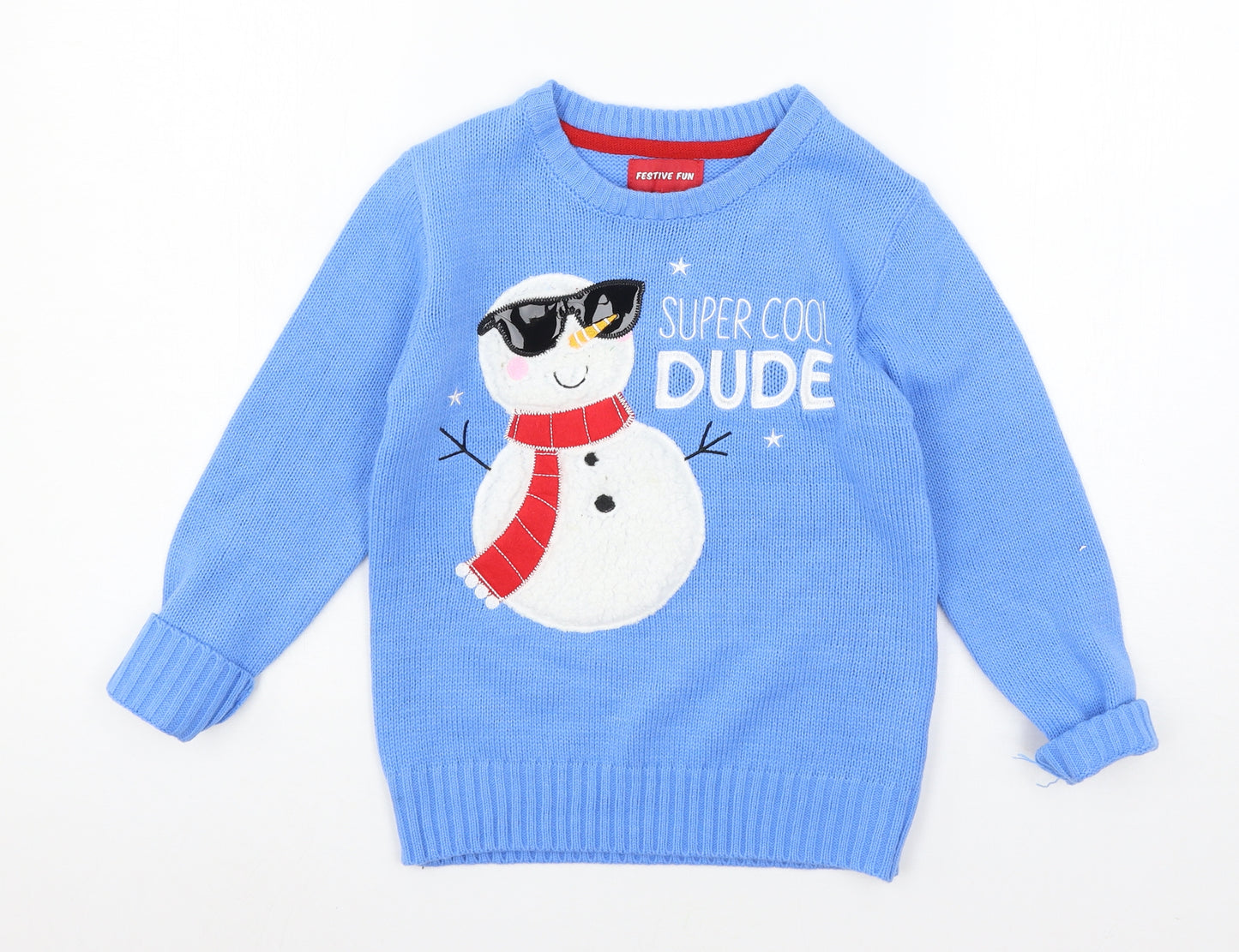 Festive Fun Boys Blue  Knit Pullover Jumper Size 7-8 Years  - Snowman