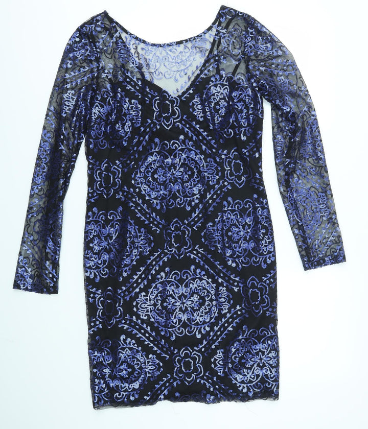 Dalia Womens Blue Geometric Fit & Flare Size L