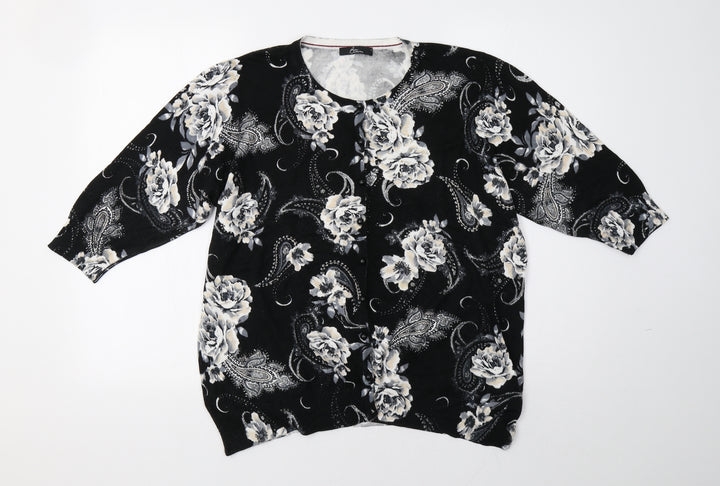 BM Womens Black Floral Knit Cardigan Jumper Size L