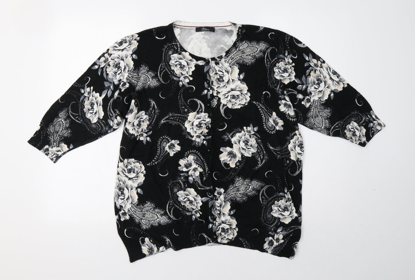 BM Womens Black Floral Knit Cardigan Jumper Size L