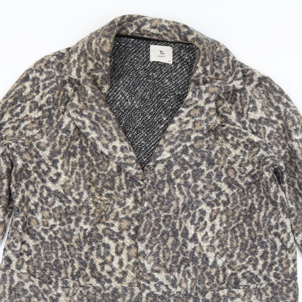 TU Womens Brown Animal Print  Pea Coat Coat Size 16