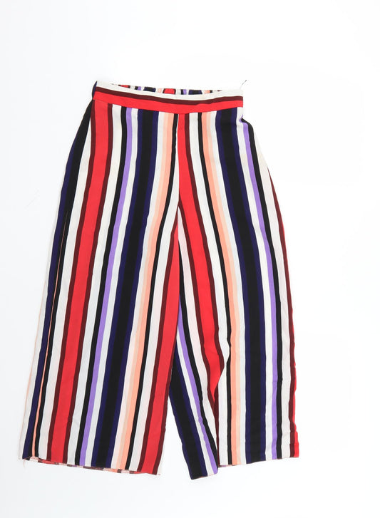 Front view of Primark women’s multicoloured striped trousers, size UK 6, 21-inch leg