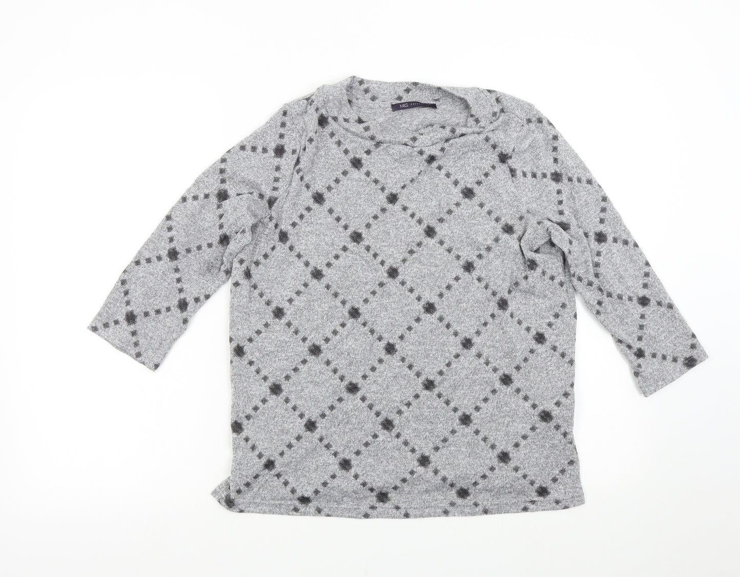 M&S Womens Grey Check Knit Pullover Jumper Size 12