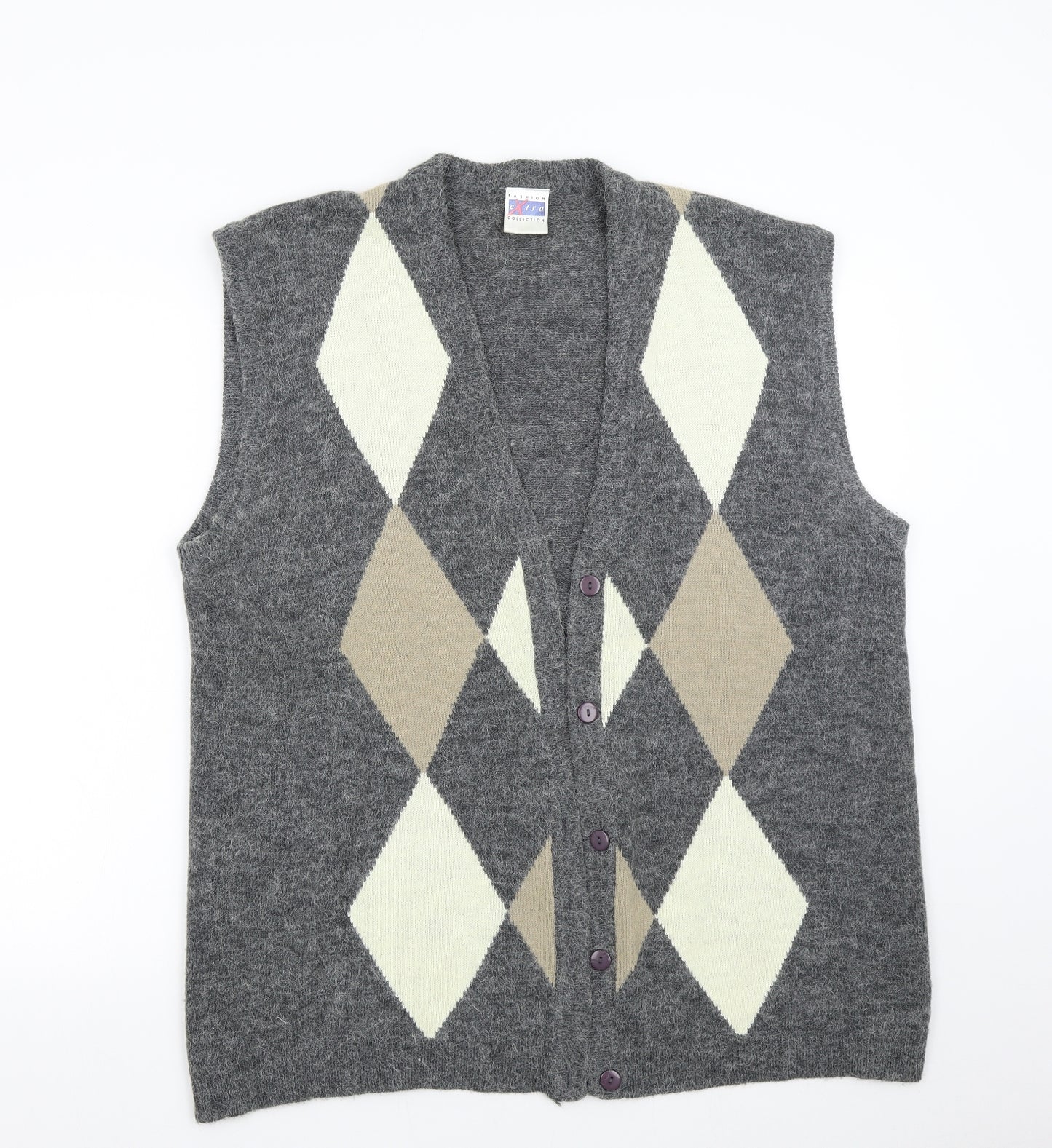 Fashion Extra Womens Grey Argyle/Diamond Knit Cardigan Jumper Size 24