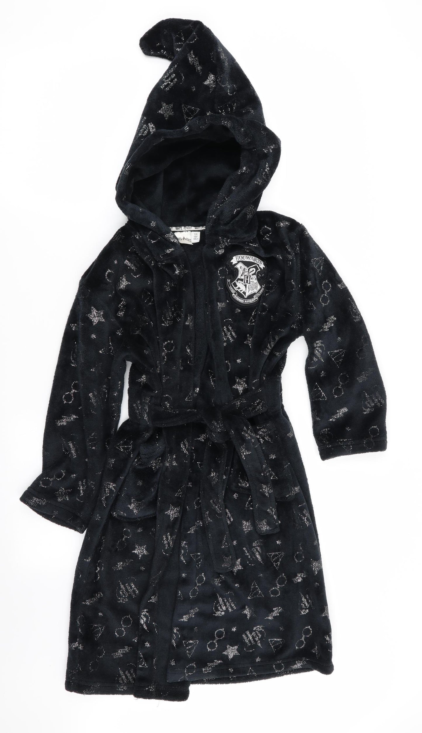 Harry Potter by Tesco Girls Black Geometric   Robe Size 7-8 Years  - Harry Potter Glittery Stars & glasses print
