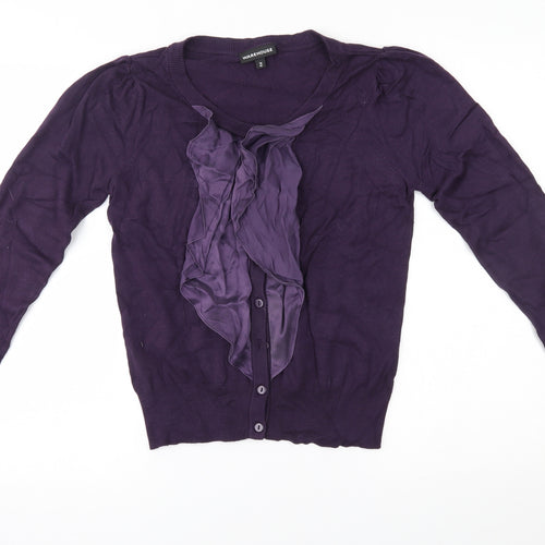 Warehouse Womens Purple   Cardigan Jumper Size 14  - silk ruffle trim