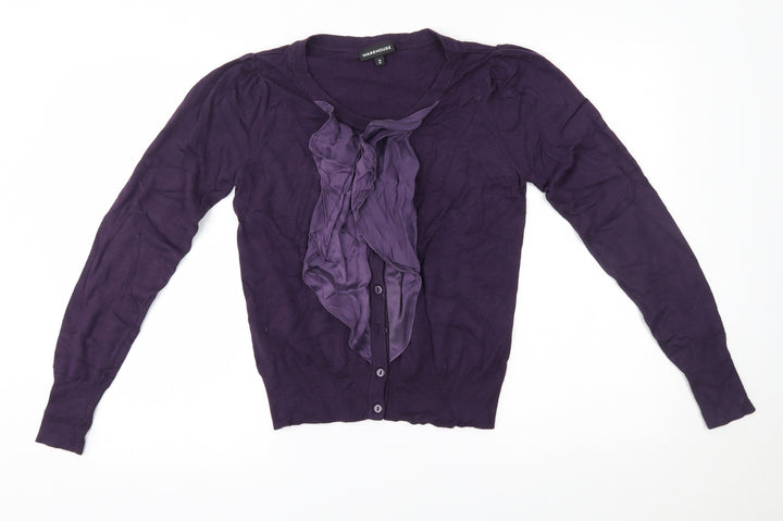 Warehouse Womens Purple   Cardigan Jumper Size 14  - silk ruffle trim