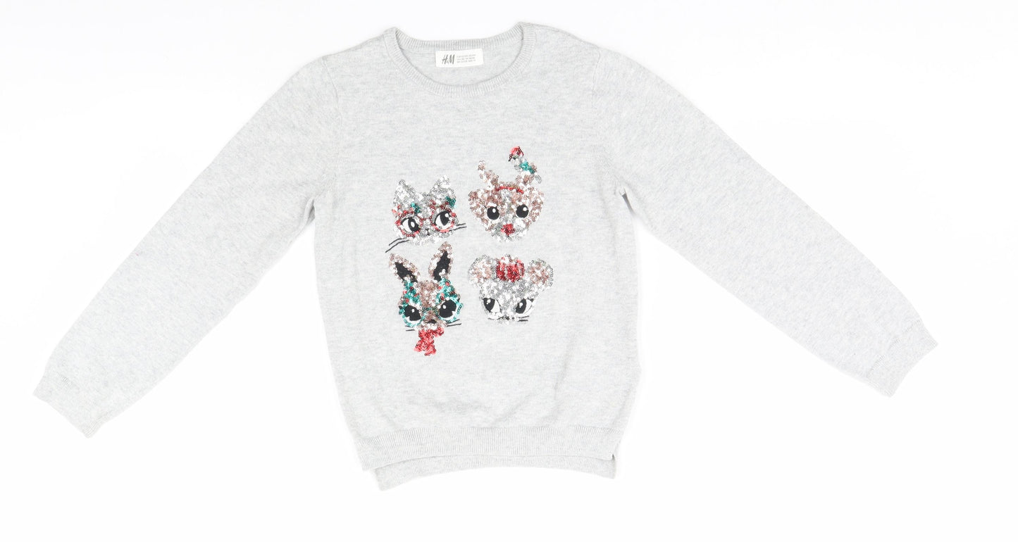 H&M Girls Grey   Pullover Jumper Size 7-8 Years  - Animals