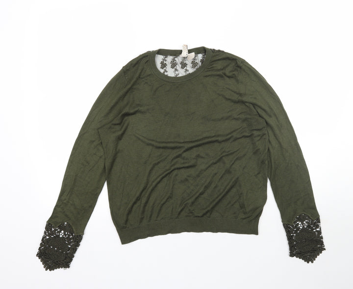 H&M Womens Green Knit Pullover Jumper Size M - Lace detail