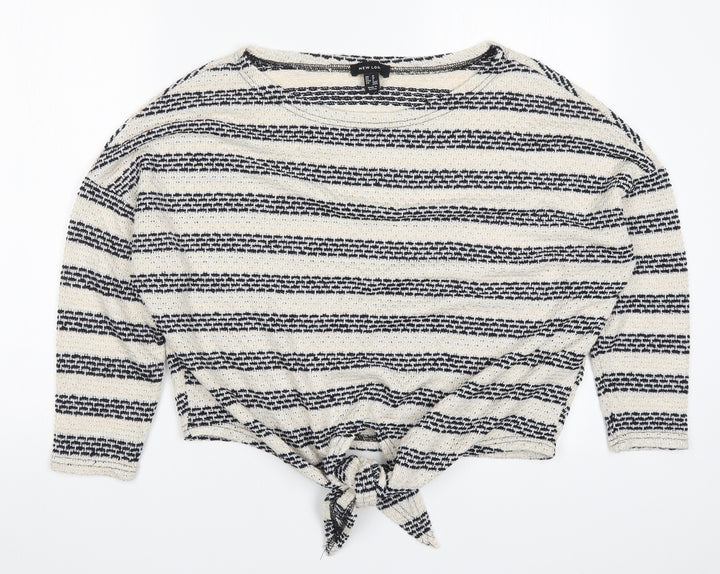 New Look Womens Beige Striped  Basic T-Shirt Size M  - Tie Front