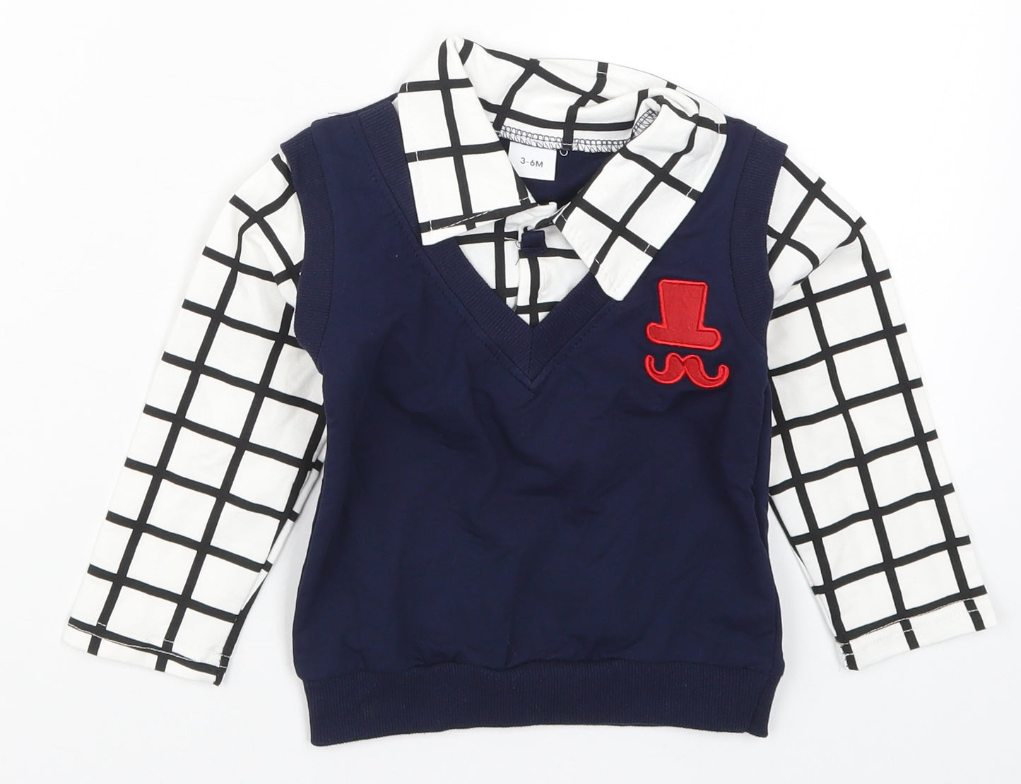 Preworn Boys Blue Check  Basic T-Shirt Size 3-6 Months  - Top Hat and Moustache