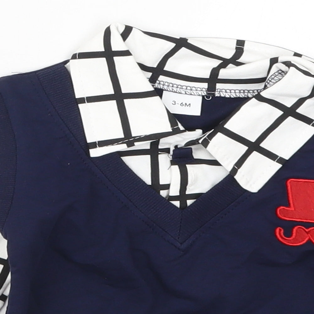 Preworn Boys Blue Check  Basic T-Shirt Size 3-6 Months  - Top Hat and Moustache