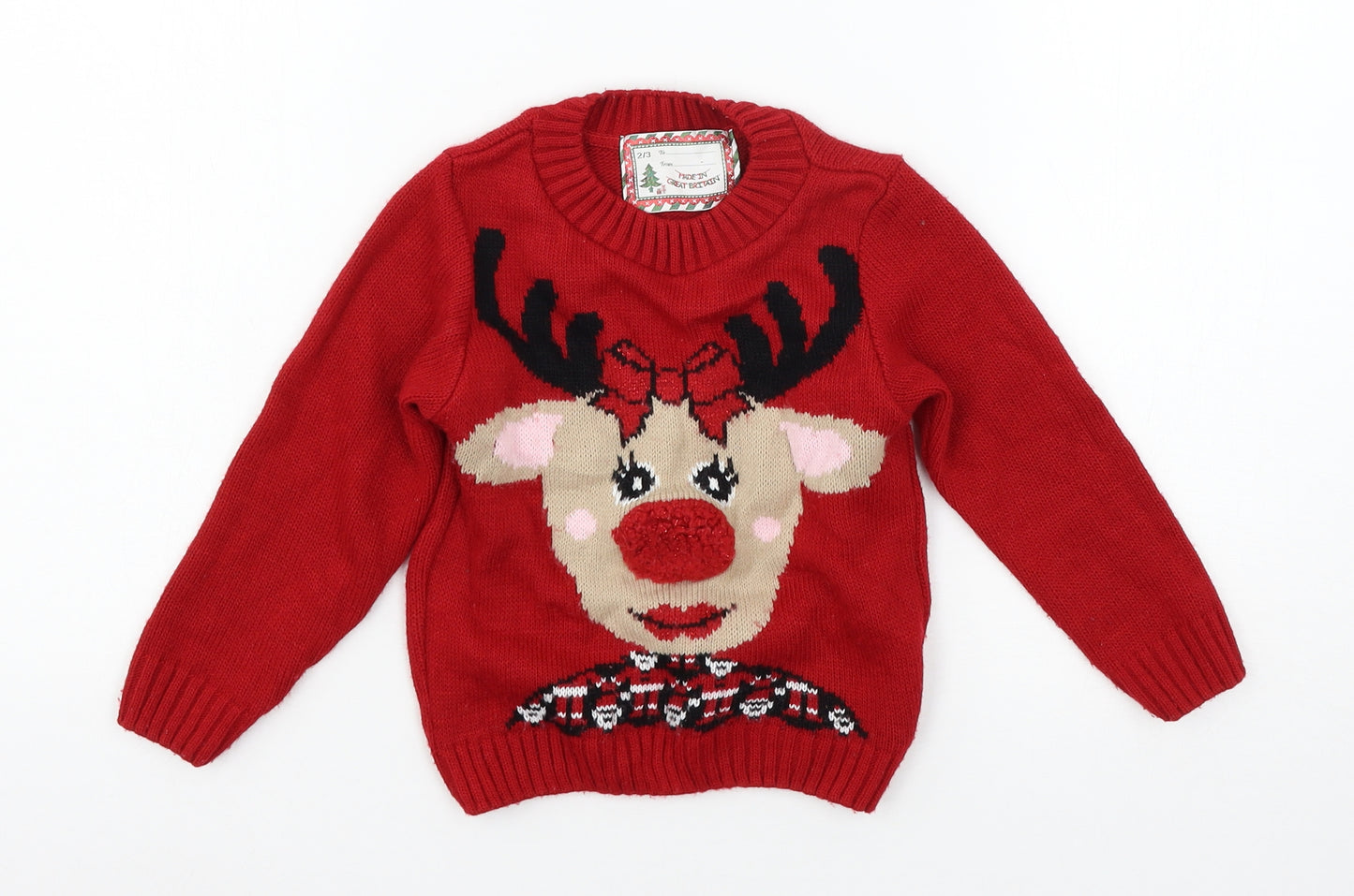 Preworn Boys Red  Knit Pullover Jumper Size 2-3 Years  - Rudolph