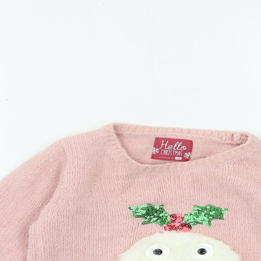 F&F Girls Pink  Knit Pullover Jumper Size 6-7 Years  - christmas jumper