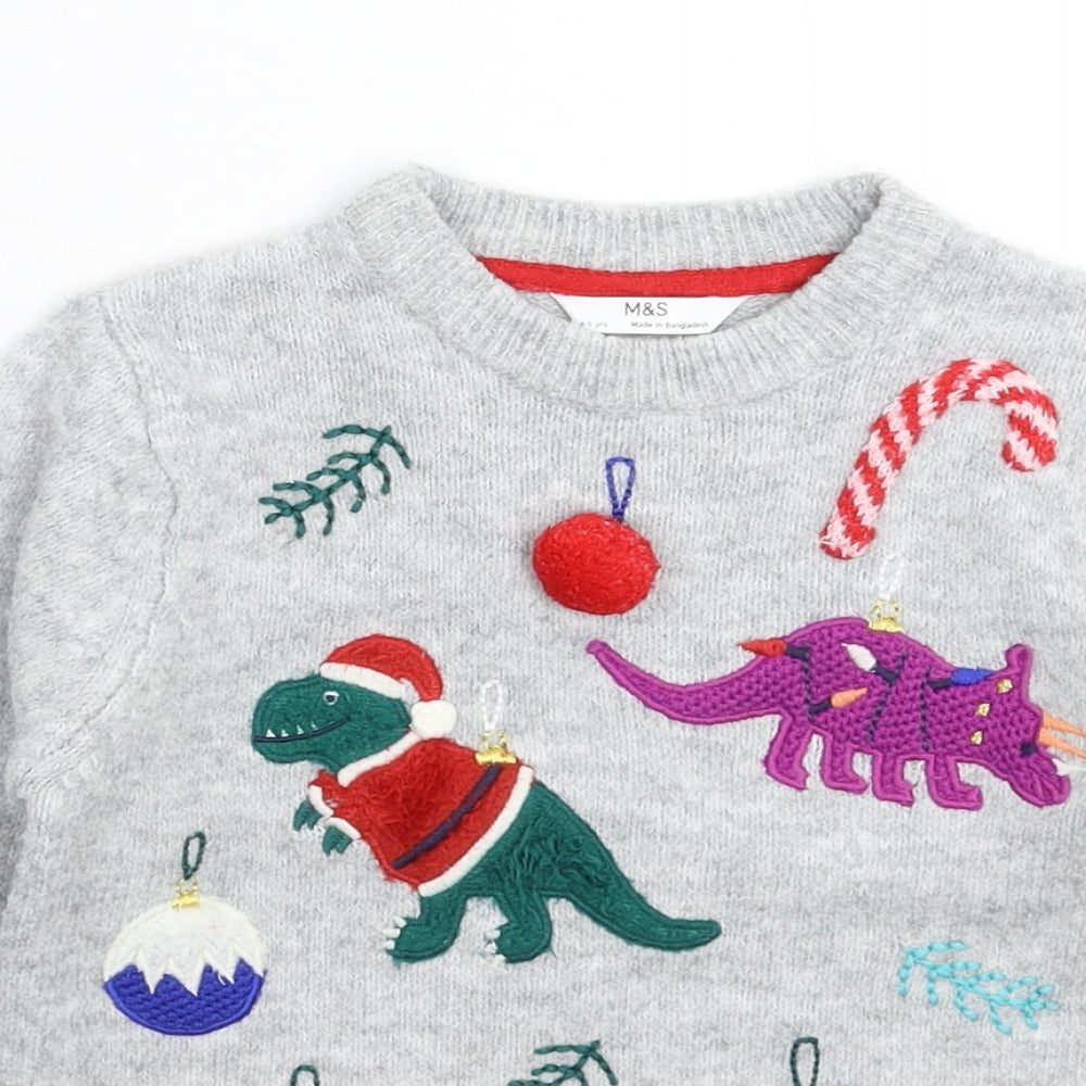 Marks and Spencer Girls Grey  Knit Pullover Jumper Size 4-5 Years  - Christmas