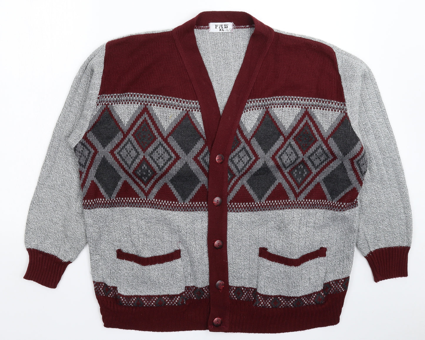 Fab Mens Grey Geometric Knit Cardigan Jumper Size XL
