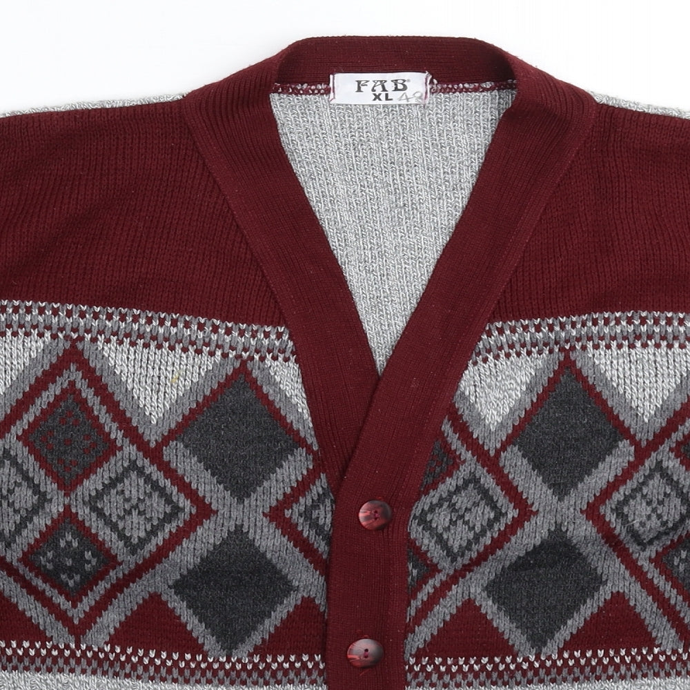 Fab Mens Grey Geometric Knit Cardigan Jumper Size XL