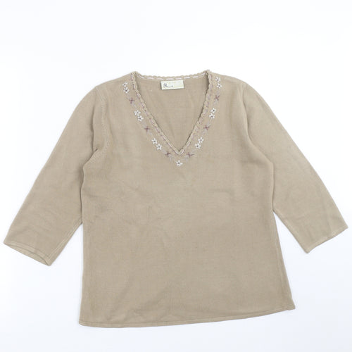 BHS Womens Brown  Knit Pullover Jumper Size 12  - Floral embroidery